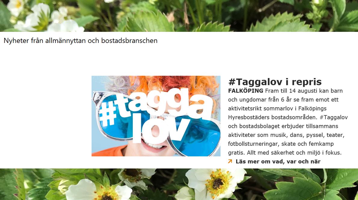 Urklipp om Taggalov från Svenska Allmänyttans nyhetsbrev
